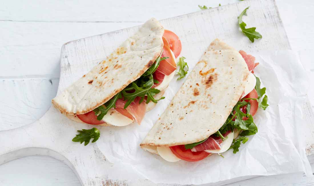 Letizza pizza bases traditional Italian piadina filled with proscuitto, mozzarella and rocket